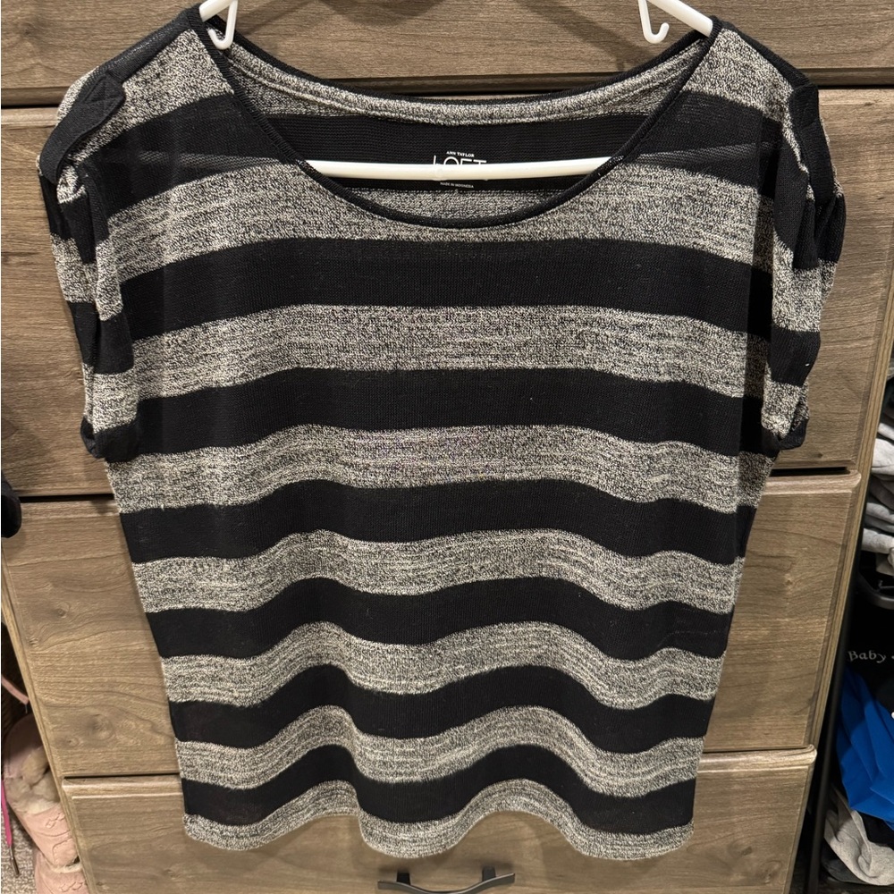 LOFT Black and Gray Striped Short Sleeve Top